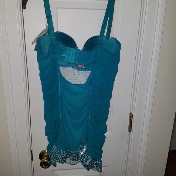 Passion Forever Bustier Embelished Slip Lingerie XL TealColor Silver Sequin NWT